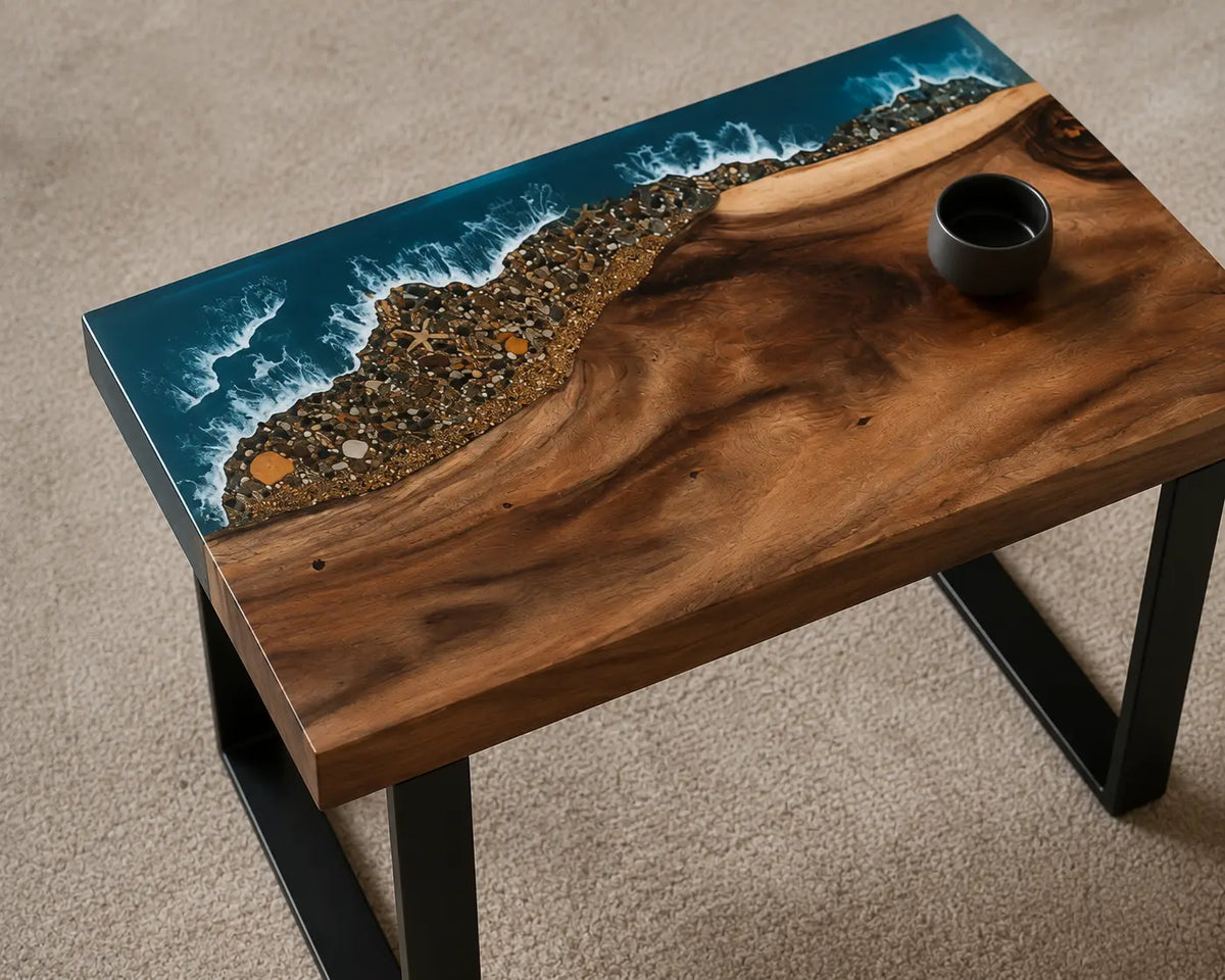 Coastal Corner Ocean Blue with White Surf Epoxy Ocean Walnut Side & End Table SET09