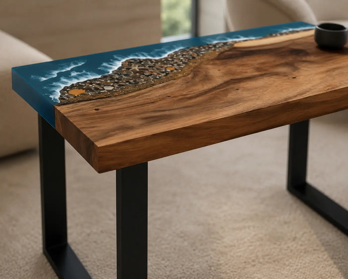 Coastal Corner Ocean Blue with White Surf Epoxy Ocean Walnut Side & End Table SET09