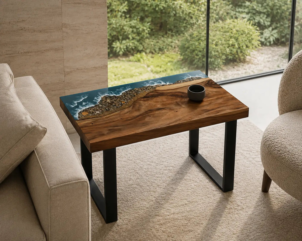 Coastal Corner Ocean Blue with White Surf Epoxy Ocean Walnut Side & End Table SET09