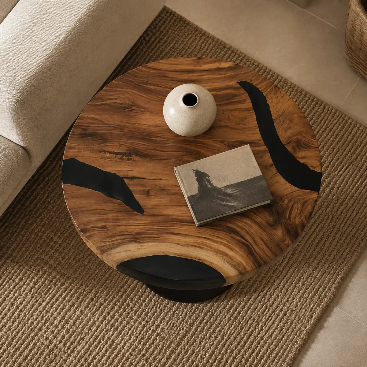 Noir Crescent smoky black epoxy river walnut side and end table SET10