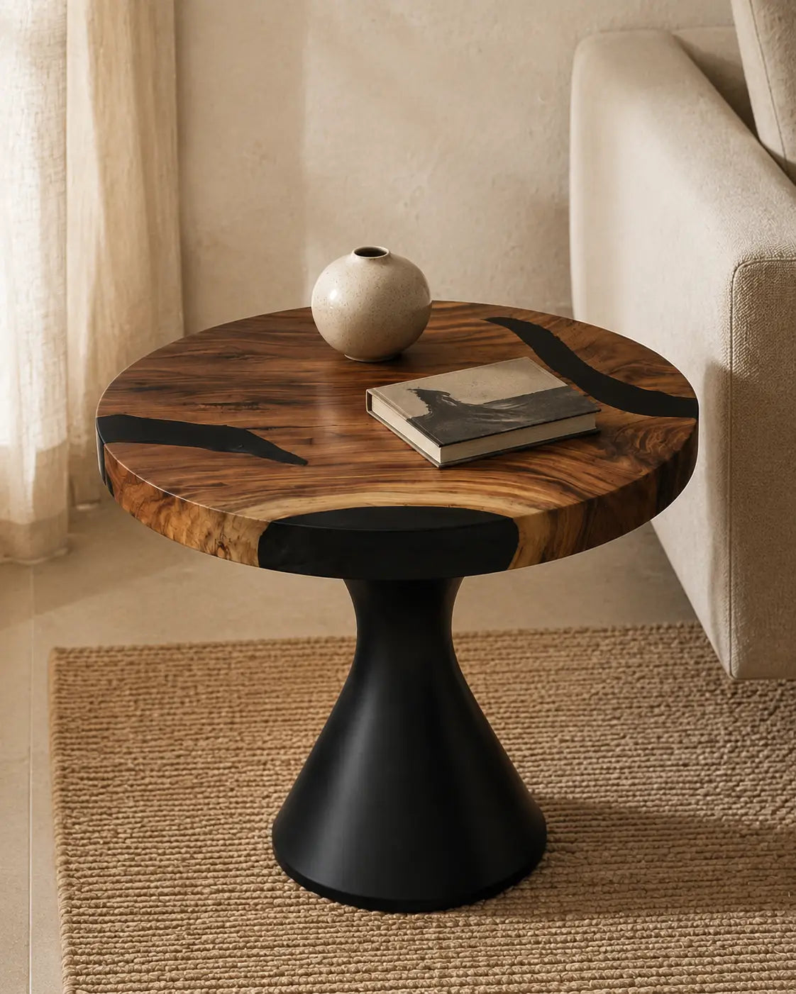 Noir Crescent Smoky Black Epoxy River Walnut Side & End Table SET10