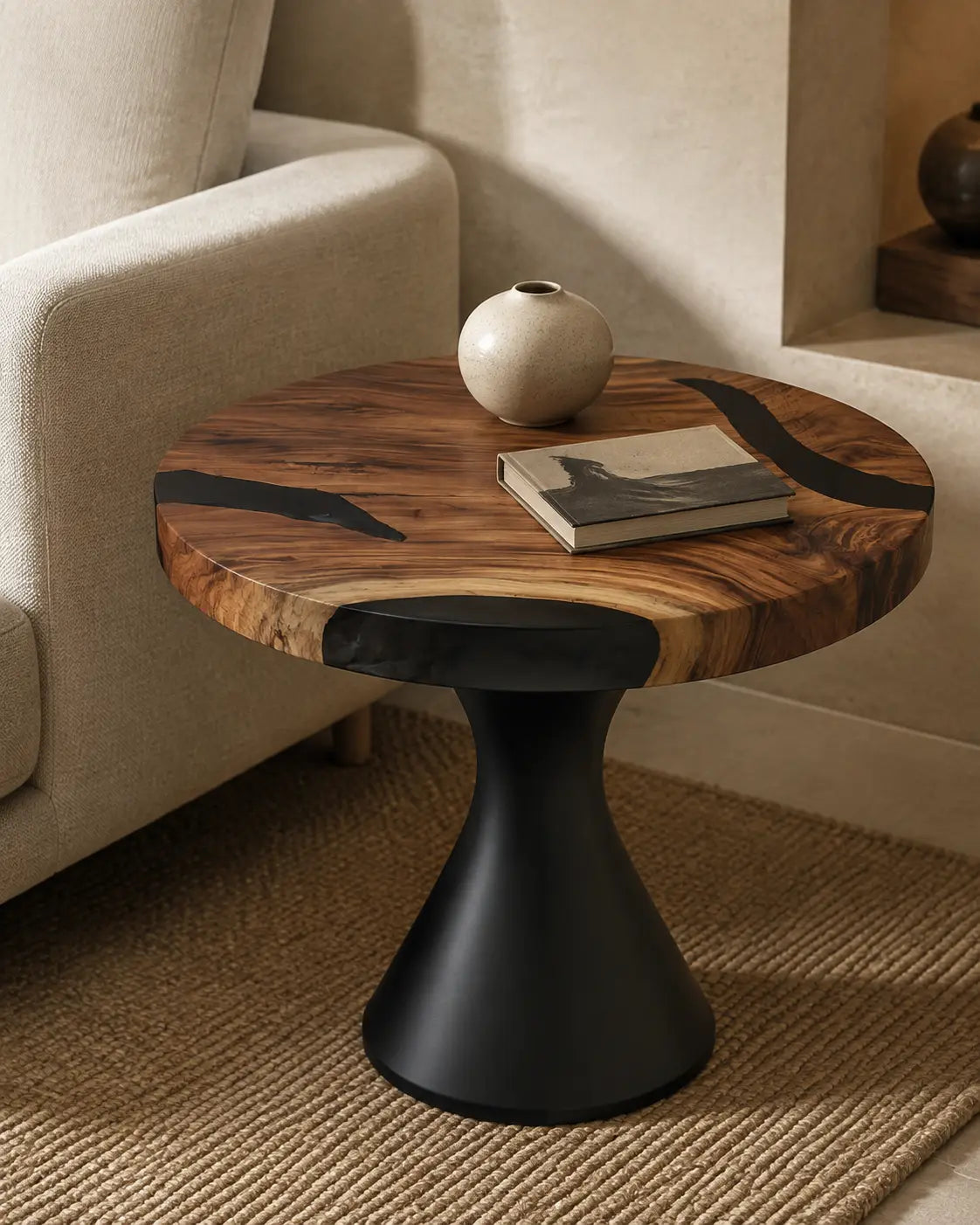 Noir Crescent Smoky Black Epoxy River Walnut Side & End Table SET10