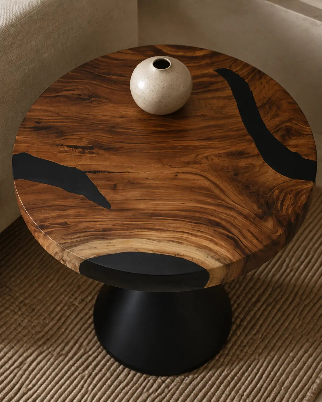 Noir Crescent Smoky Black Epoxy River Walnut Side & End Table SET10