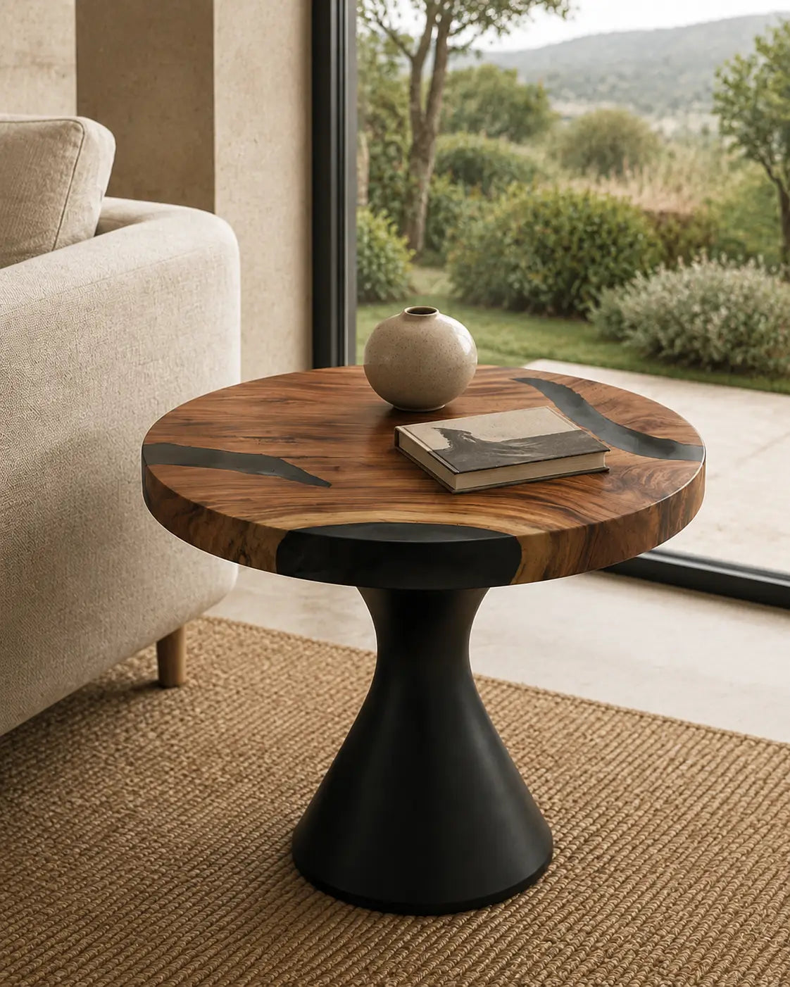 Noir Crescent Smoky Black Epoxy River Walnut Side & End Table SET10