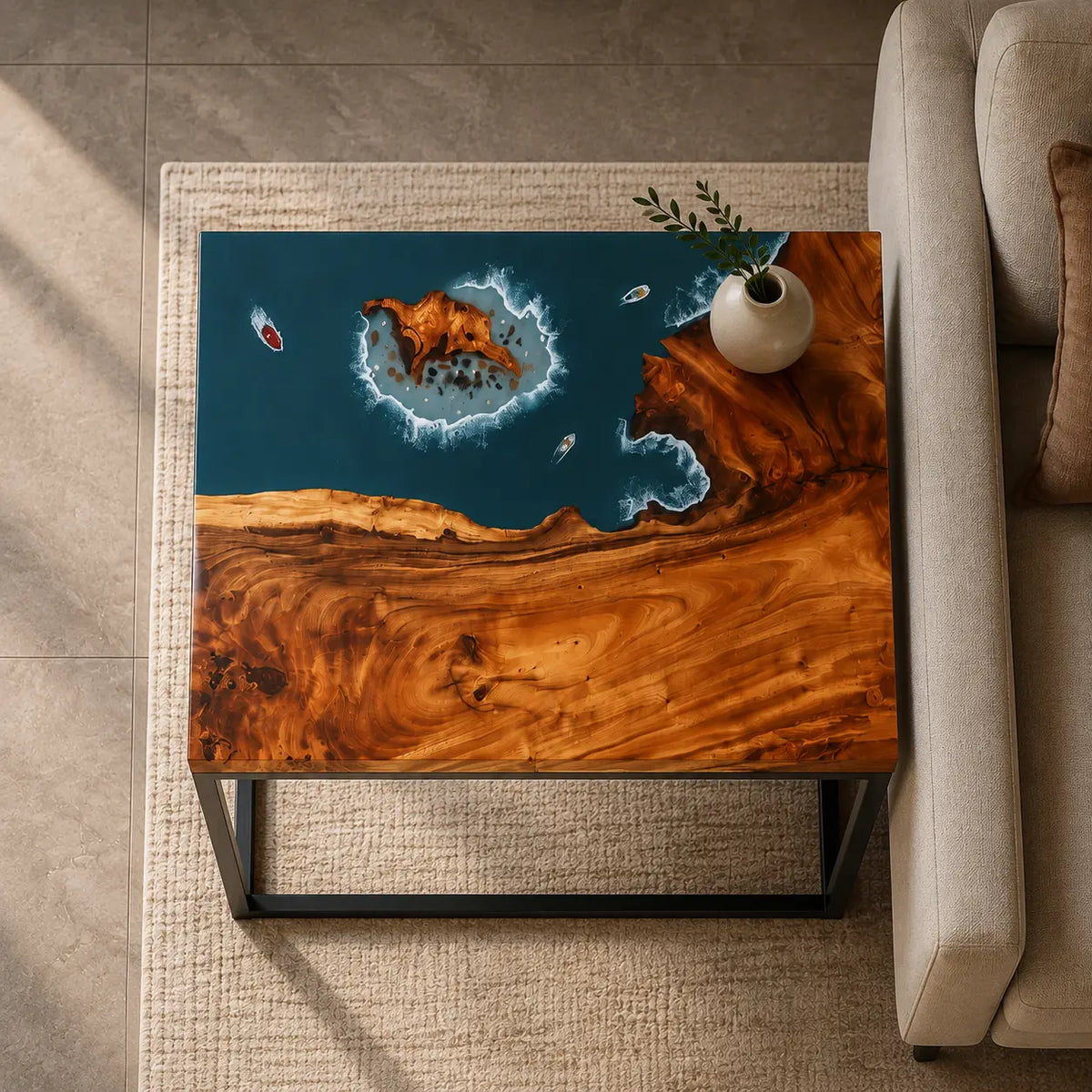 Azure Islet ocean blue with white surf epoxy ocean walnut side and end table SET11