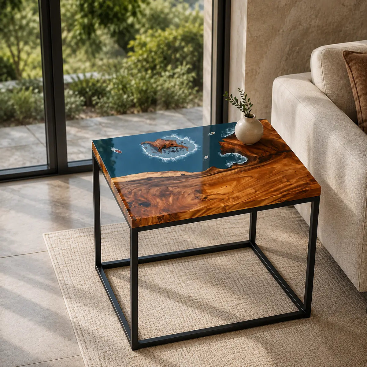 Azure Islet Ocean Blue with White Surf Epoxy Ocean Walnut Side & End Table SET11