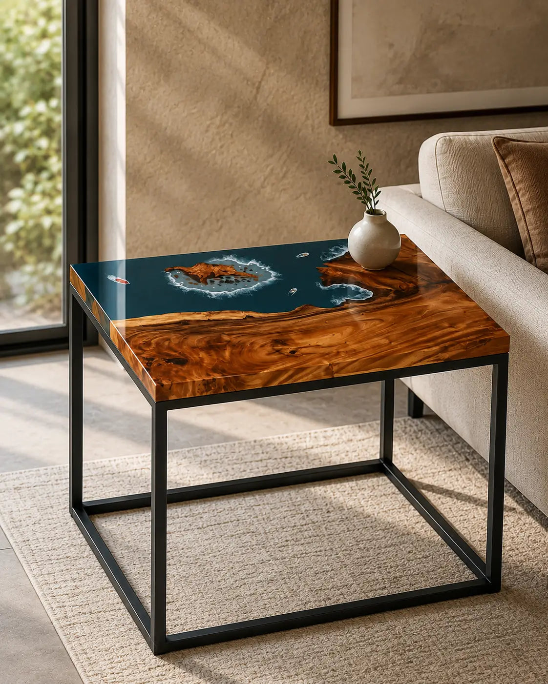Azure Islet Ocean Blue with White Surf Epoxy Ocean Walnut Side & End Table SET11