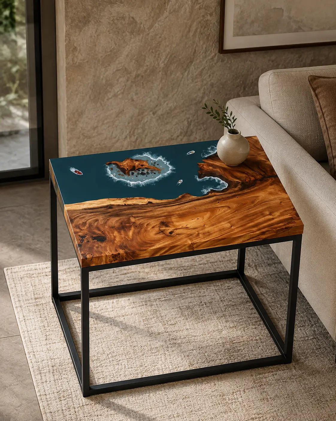 Azure Islet Ocean Blue with White Surf Epoxy Ocean Walnut Side & End Table SET11