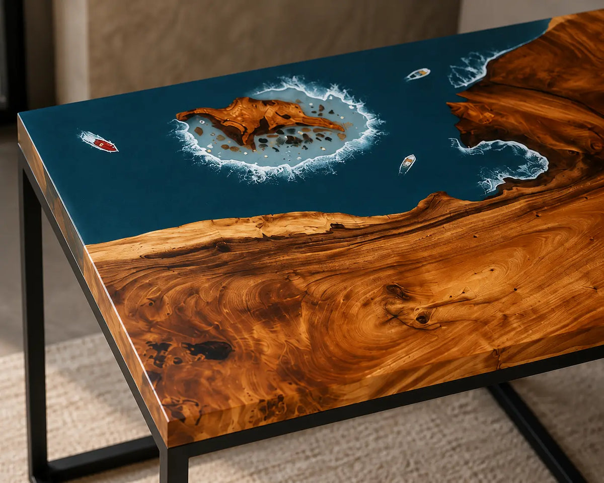 Azure Islet Ocean Blue with White Surf Epoxy Ocean Walnut Side & End Table SET11