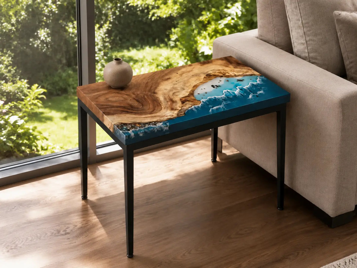 Tidal Shelf ocean blue with white surf epoxy ocean walnut side and end table SET12