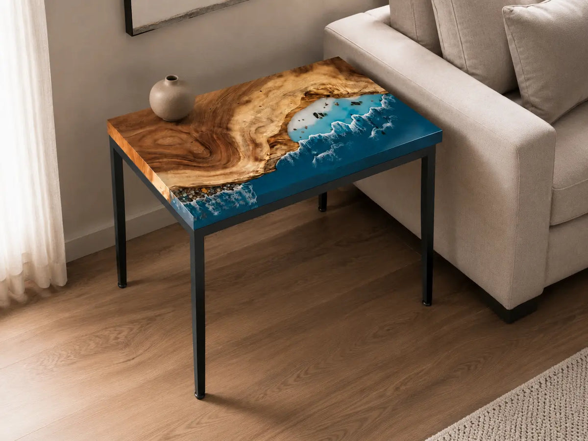 Tidal Shelf Ocean Blue with White Surf Epoxy Ocean Walnut Side & End Table SET12