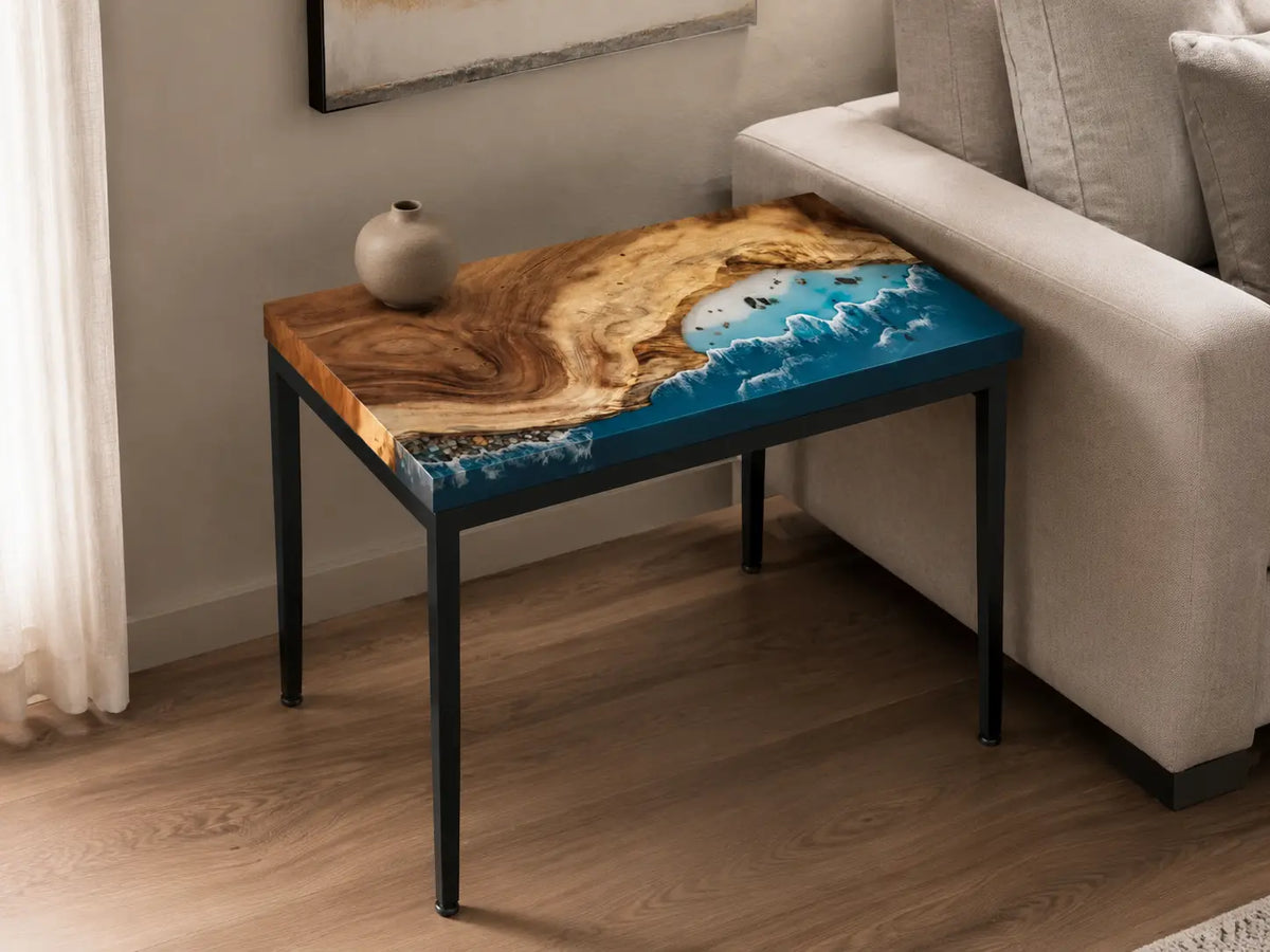 Tidal Shelf Ocean Blue with White Surf Epoxy Ocean Walnut Side & End Table SET12