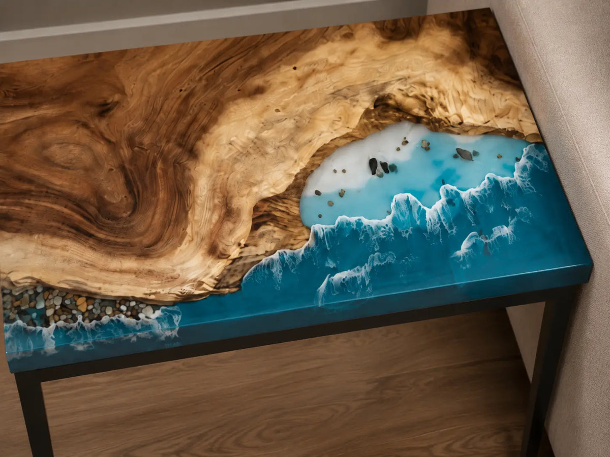 Tidal Shelf Ocean Blue with White Surf Epoxy Ocean Walnut Side & End Table SET12