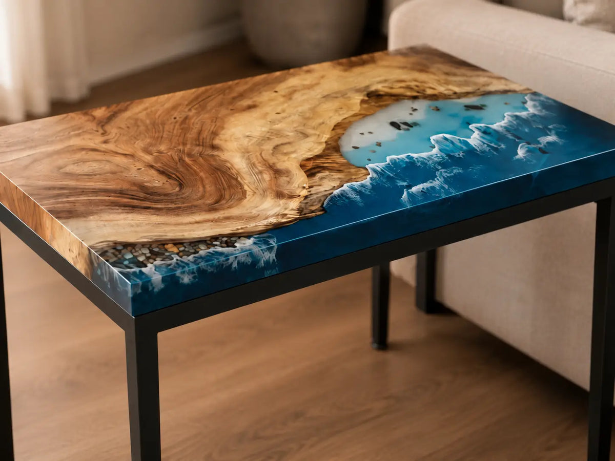 Tidal Shelf Ocean Blue with White Surf Epoxy Ocean Walnut Side & End Table SET12
