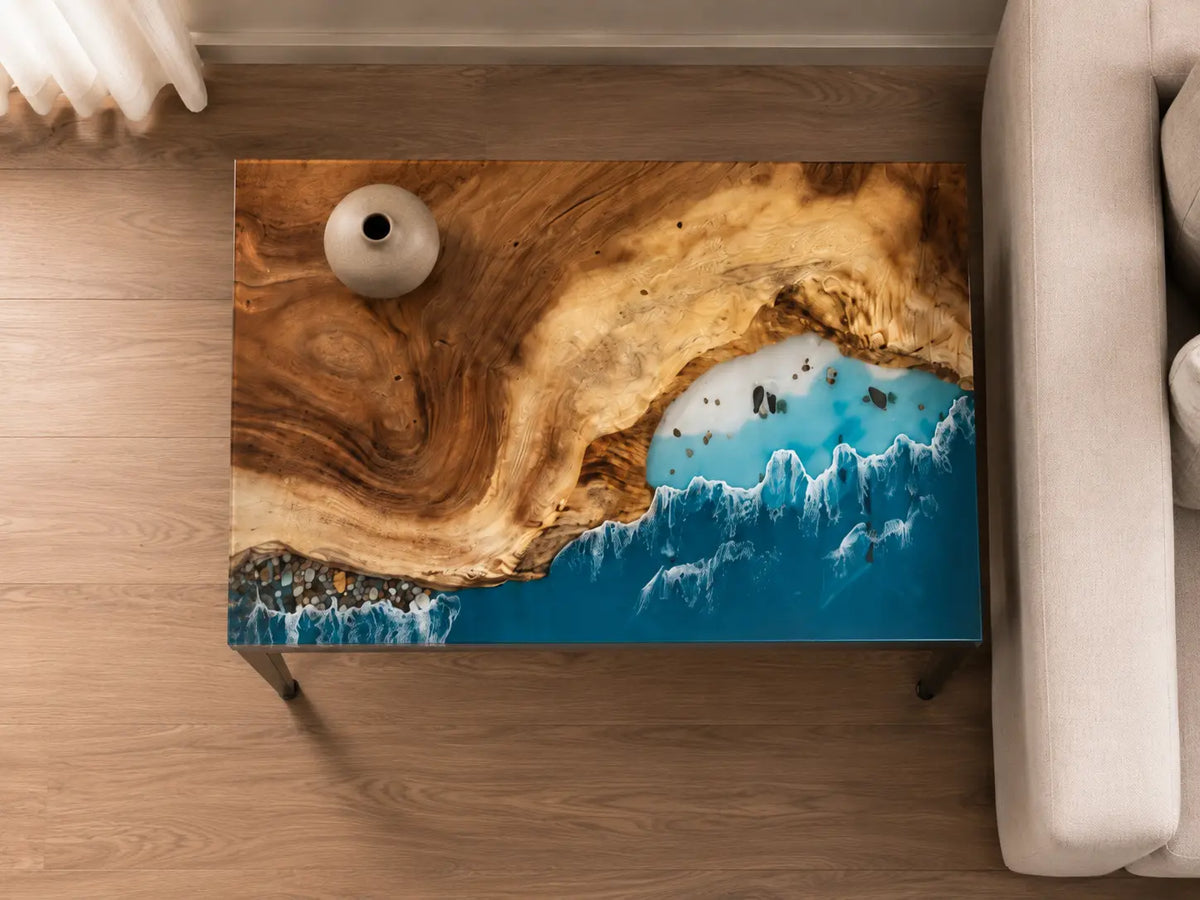 Tidal Shelf Ocean Blue with White Surf Epoxy Ocean Walnut Side & End Table SET12
