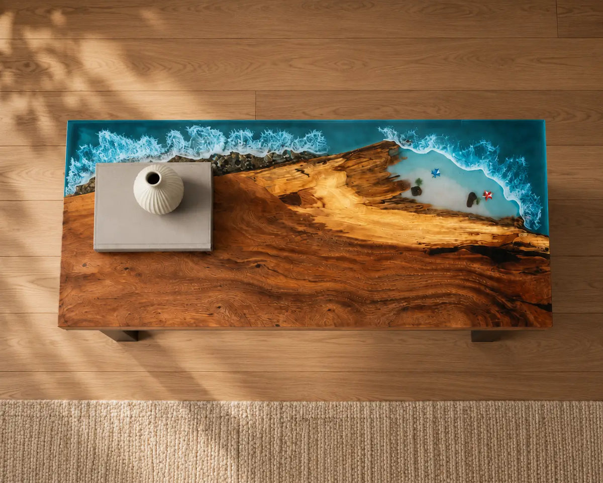 Azure Headland ocean blue with white surf epoxy ocean walnut side and end table SET13