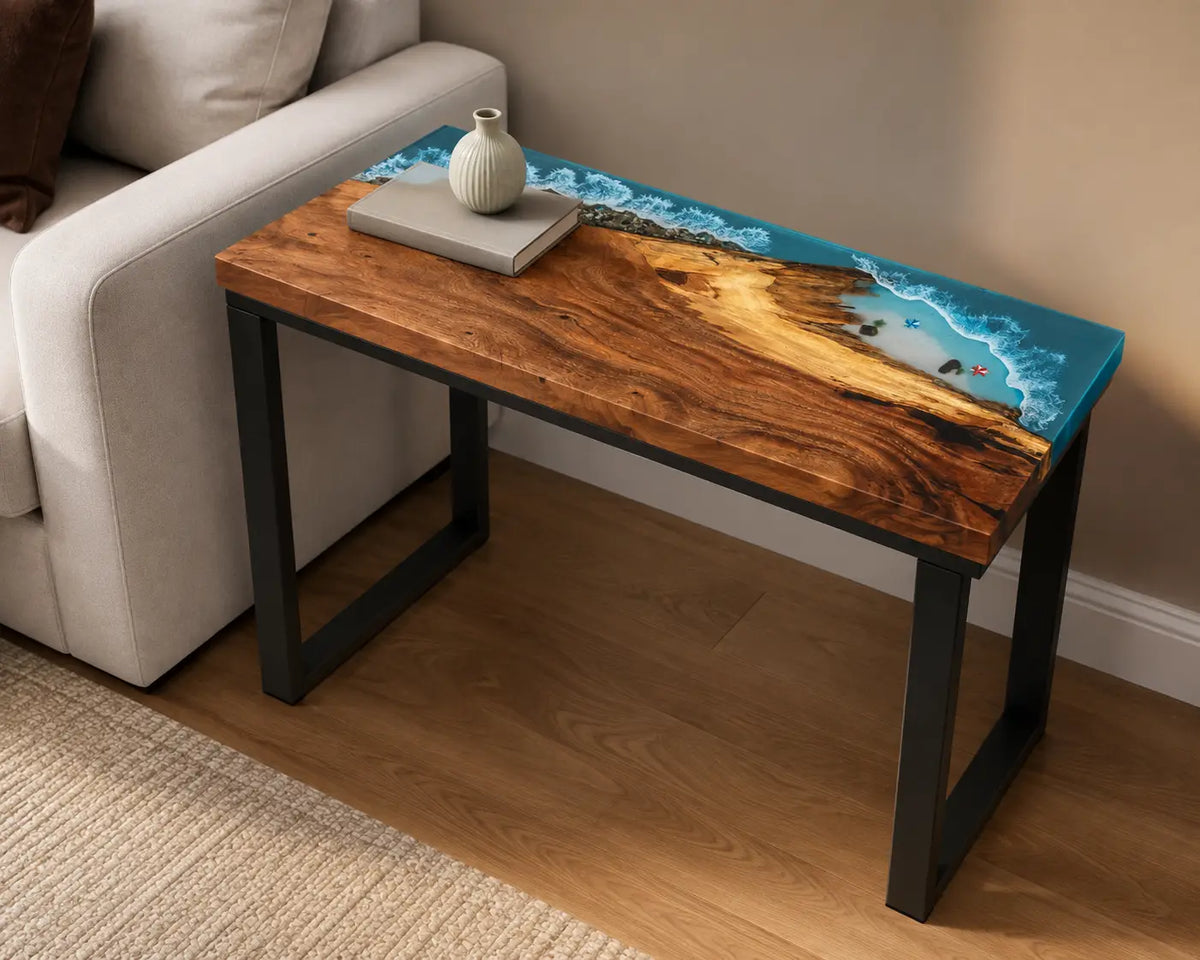 Azure Headland Ocean Blue with White Surf Epoxy Ocean Walnut Side & End Table SET13