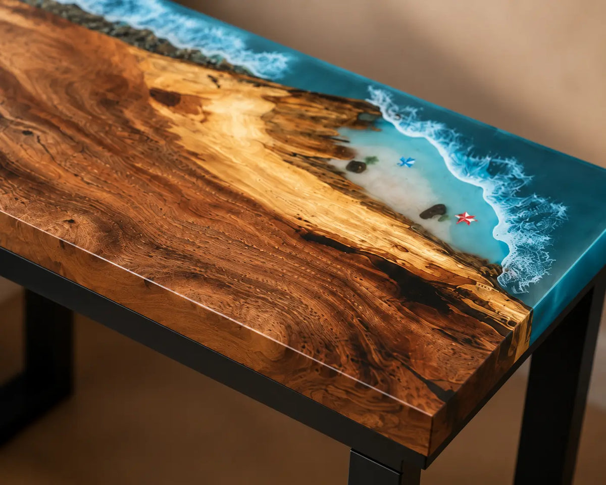 Azure Headland Ocean Blue with White Surf Epoxy Ocean Walnut Side & End Table SET13