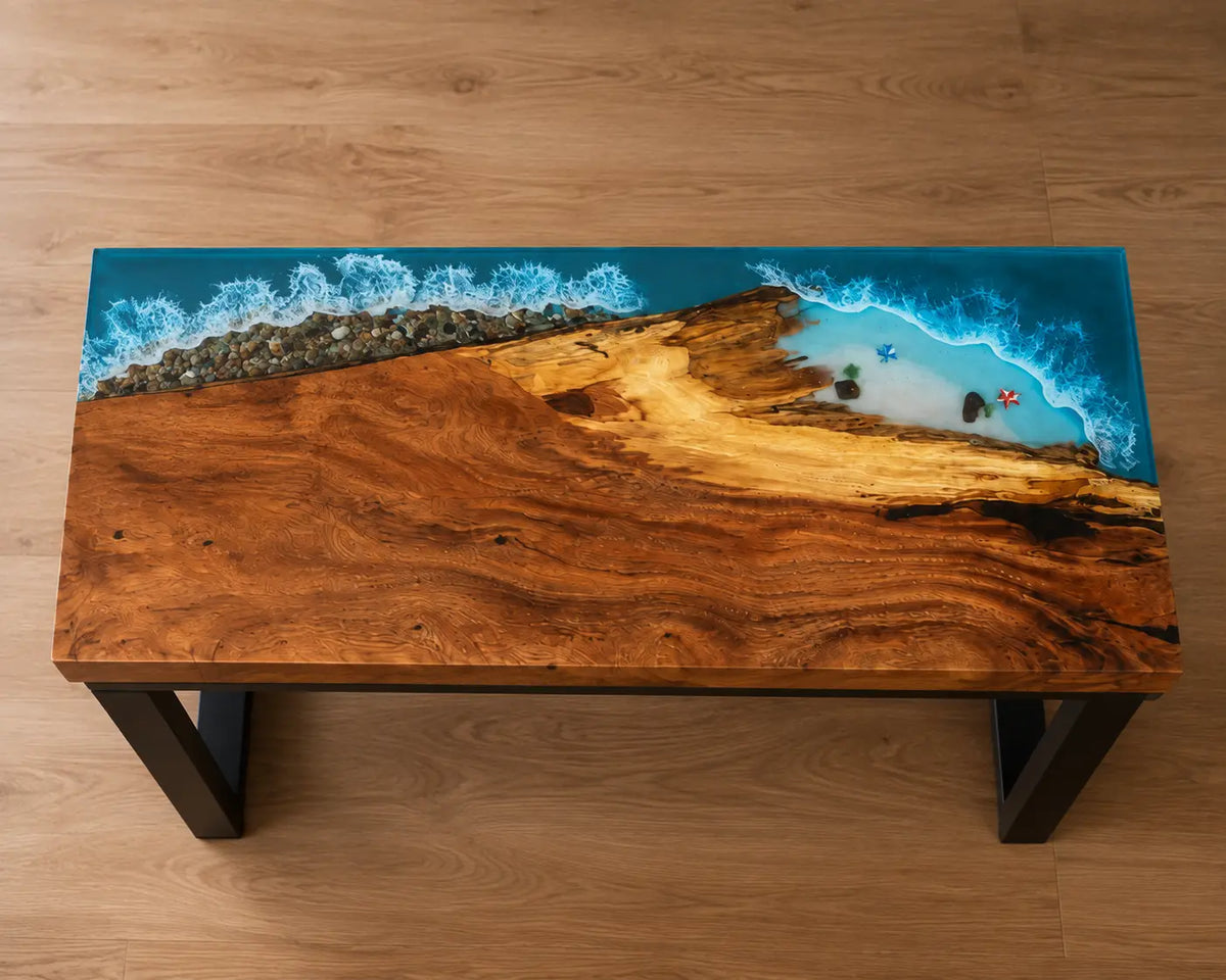 Azure Headland Ocean Blue with White Surf Epoxy Ocean Walnut Side & End Table SET13