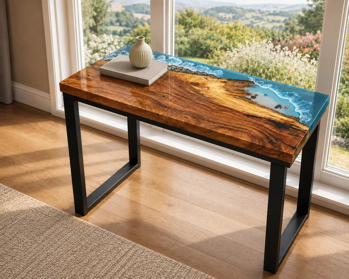 Azure Headland Ocean Blue with White Surf Epoxy Ocean Walnut Side & End Table SET13