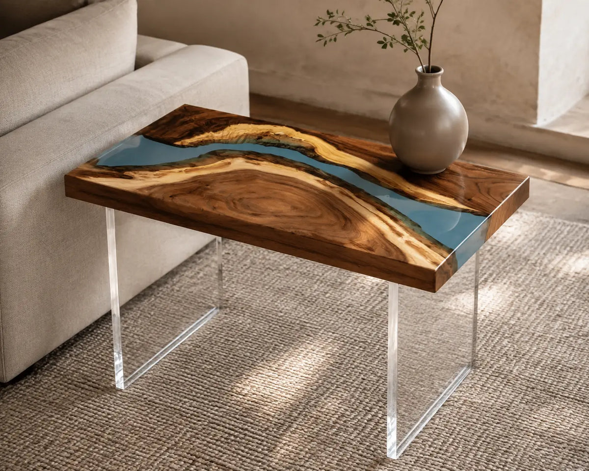 Turquoise Canyon turquoise blue epoxy river walnut side and end table SET14