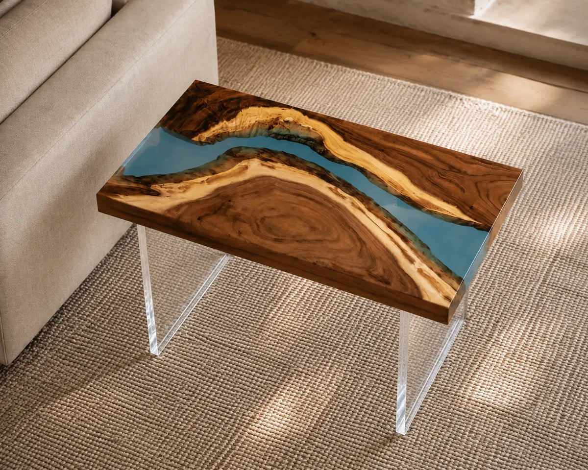 Turquoise Canyon Turquoise Blue Epoxy River Walnut Side & End Table SET14