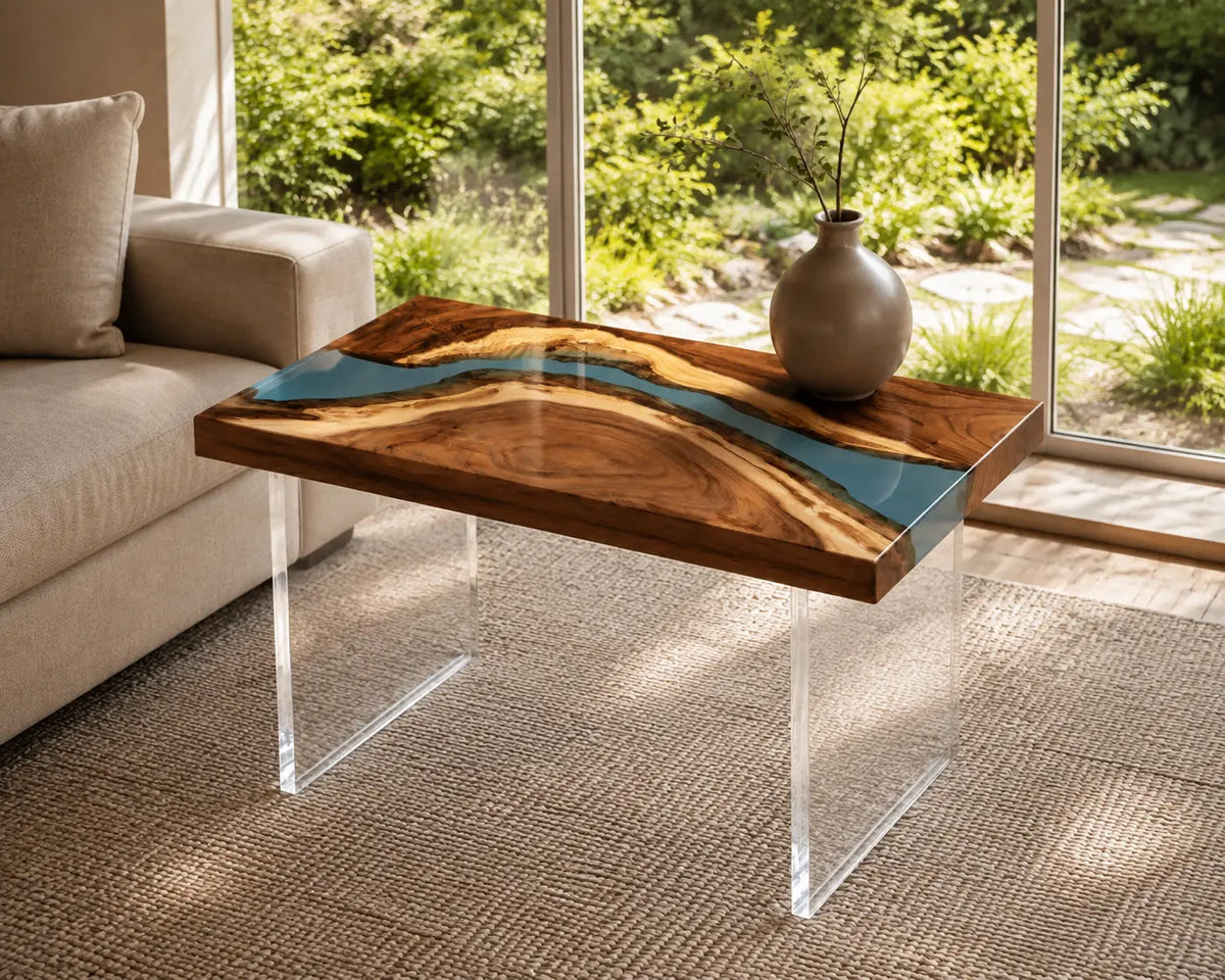 Turquoise Canyon Turquoise Blue Epoxy River Walnut Side & End Table SET14