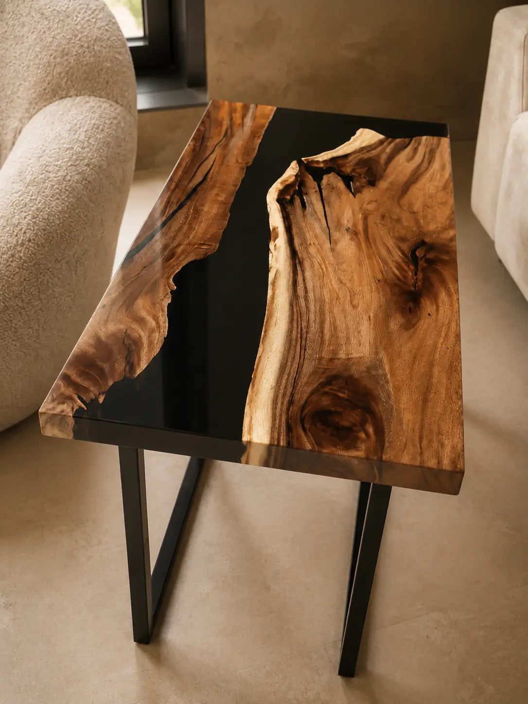 Shadow Fork smoky black transparent epoxy river walnut side and end table SET15