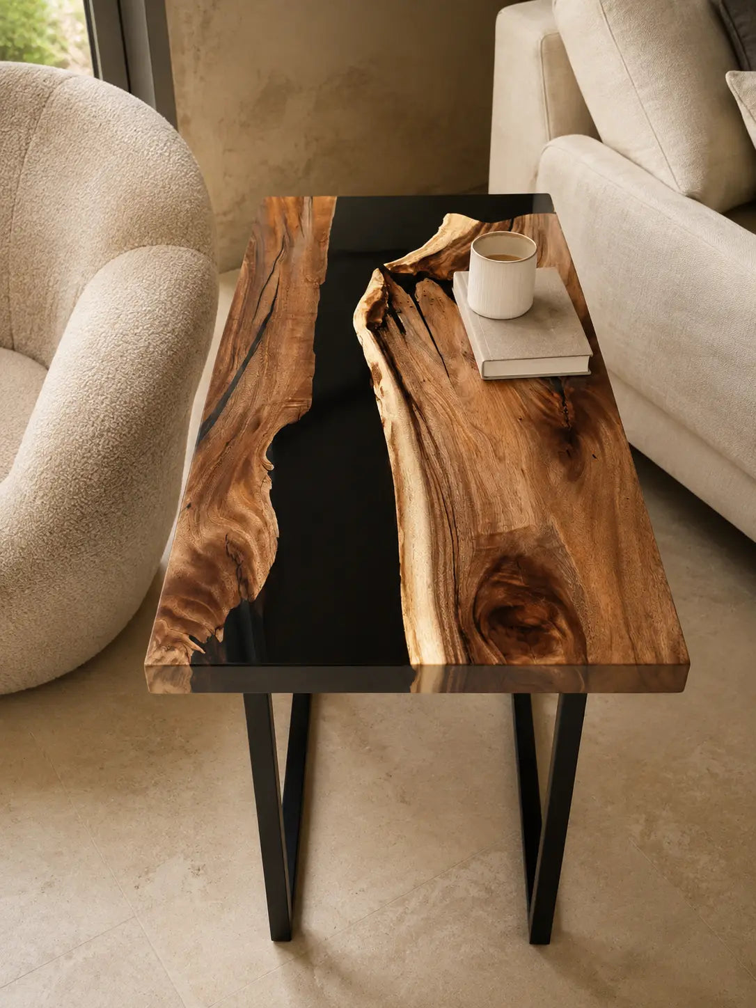 Shadow Fork Smoky Black Transparent Epoxy River Walnut Side & End Table SET15