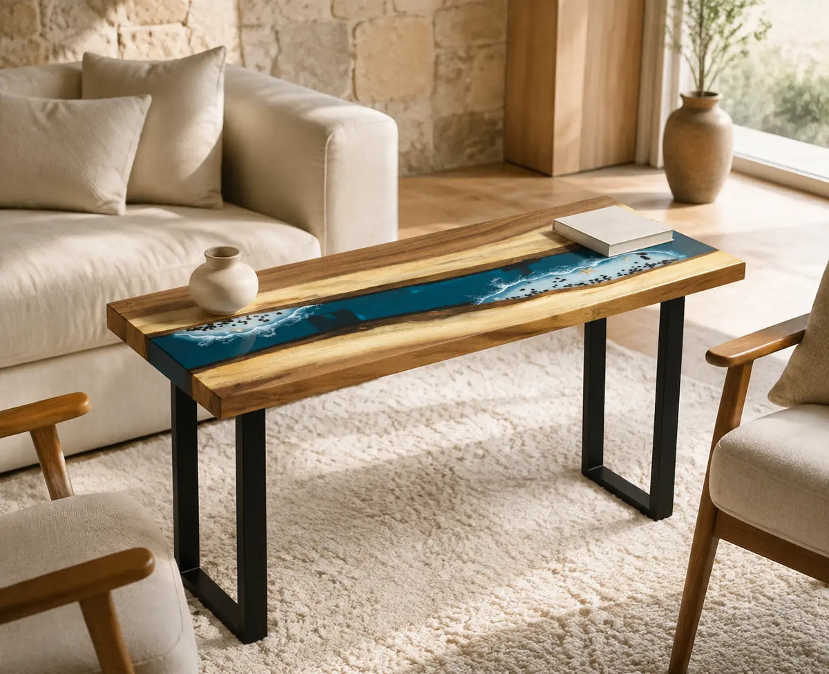 Blue Passage ocean blue epoxy river walnut side and end table SET16