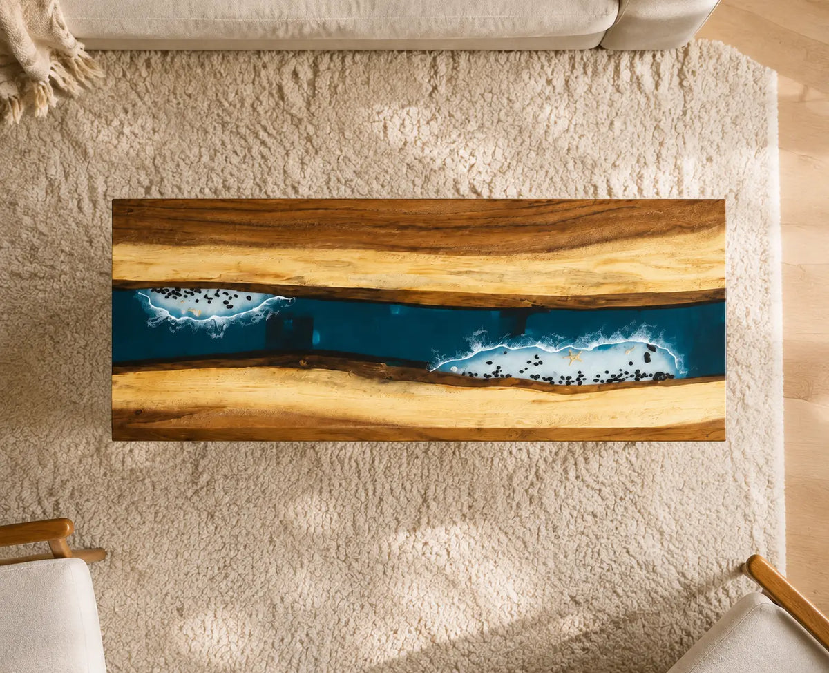 Blue Passage Ocean Blue Epoxy River Walnut Side & End Table SET16