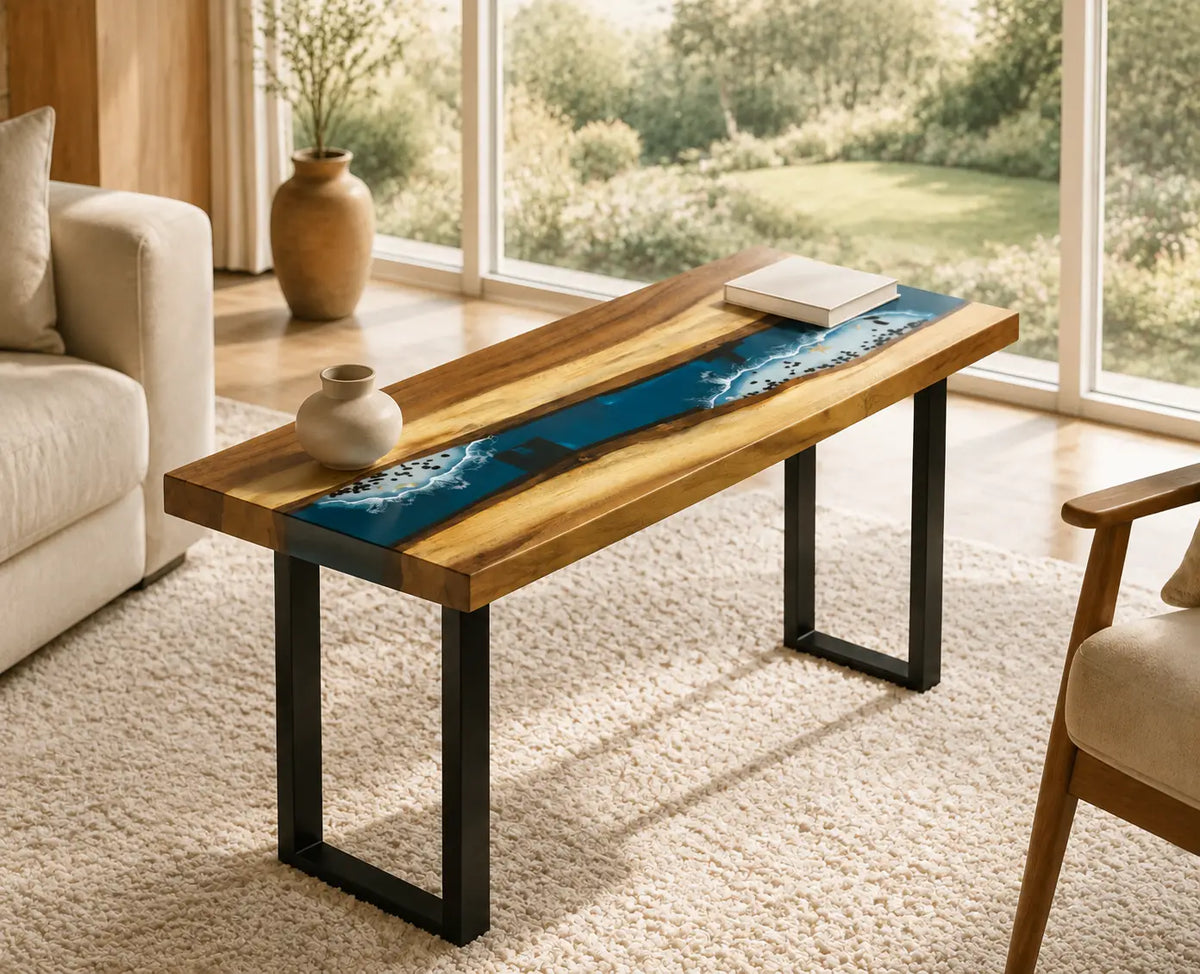 Blue Passage Ocean Blue Epoxy River Walnut Side & End Table SET16
