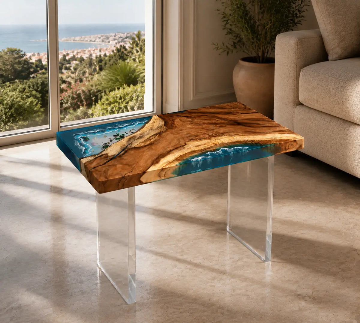 Glass Tide ocean blue with white surf epoxy ocean walnut side and end table SET17