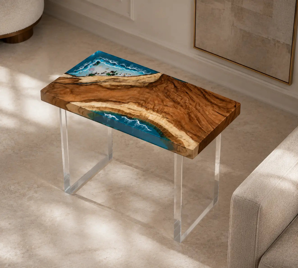 Glass Tide Ocean Blue with White Surf Epoxy Ocean Walnut Side & End Table SET17