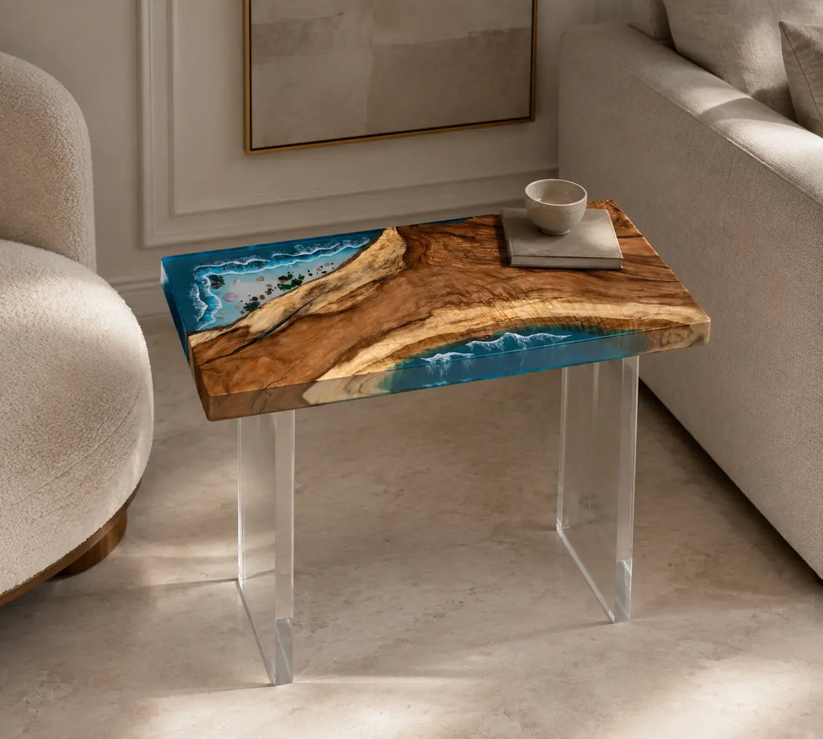 Glass Tide Ocean Blue with White Surf Epoxy Ocean Walnut Side & End Table SET17
