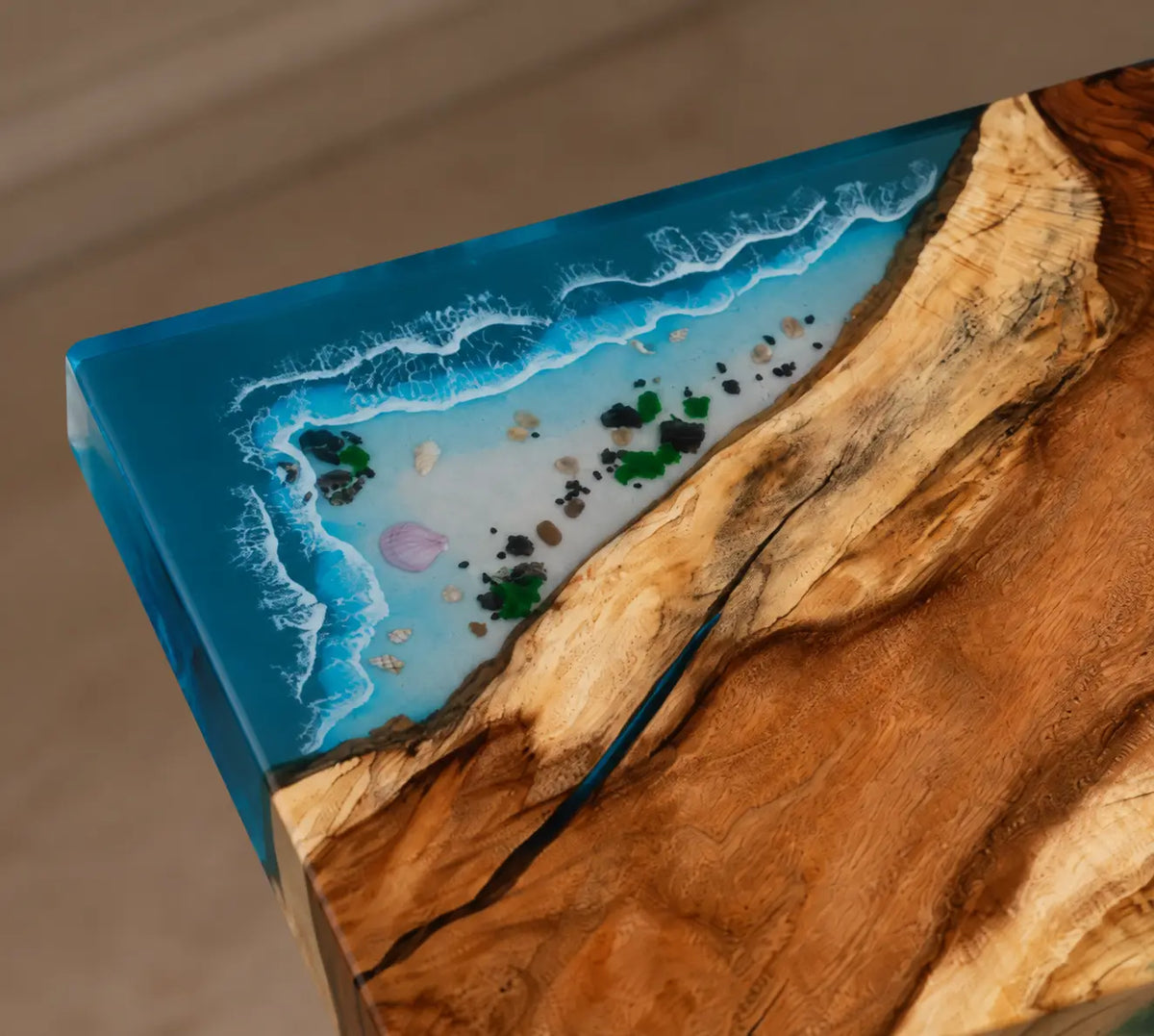 Glass Tide Ocean Blue with White Surf Epoxy Ocean Walnut Side & End Table SET17