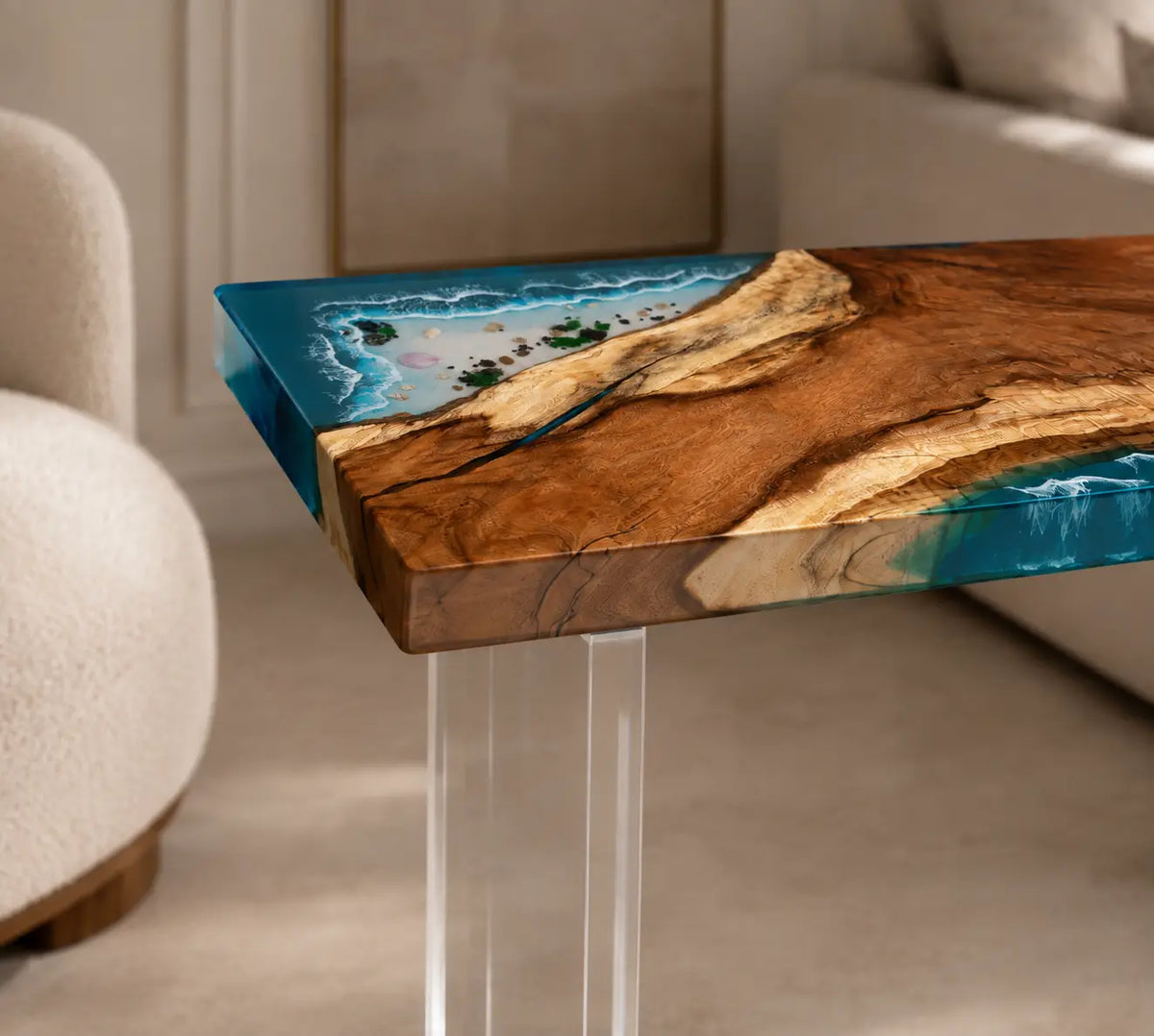 Glass Tide Ocean Blue with White Surf Epoxy Ocean Walnut Side & End Table SET17