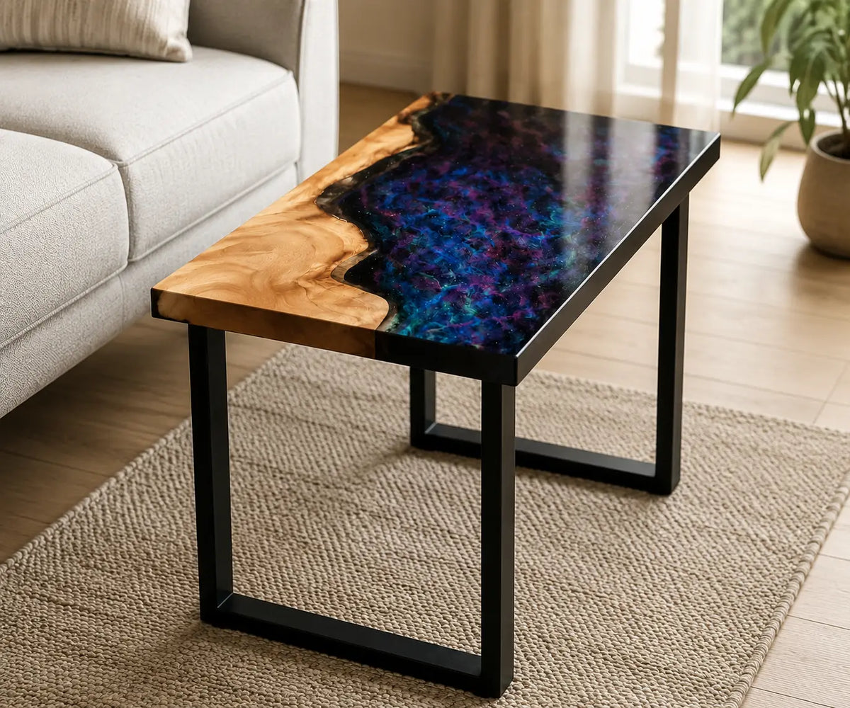 Violet Nebula galaxy purple & blue epoxy walnut side and end table SET19