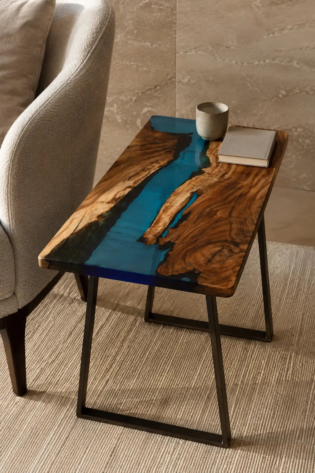Teal Current turquoise blue epoxy river walnut side and end table SET20