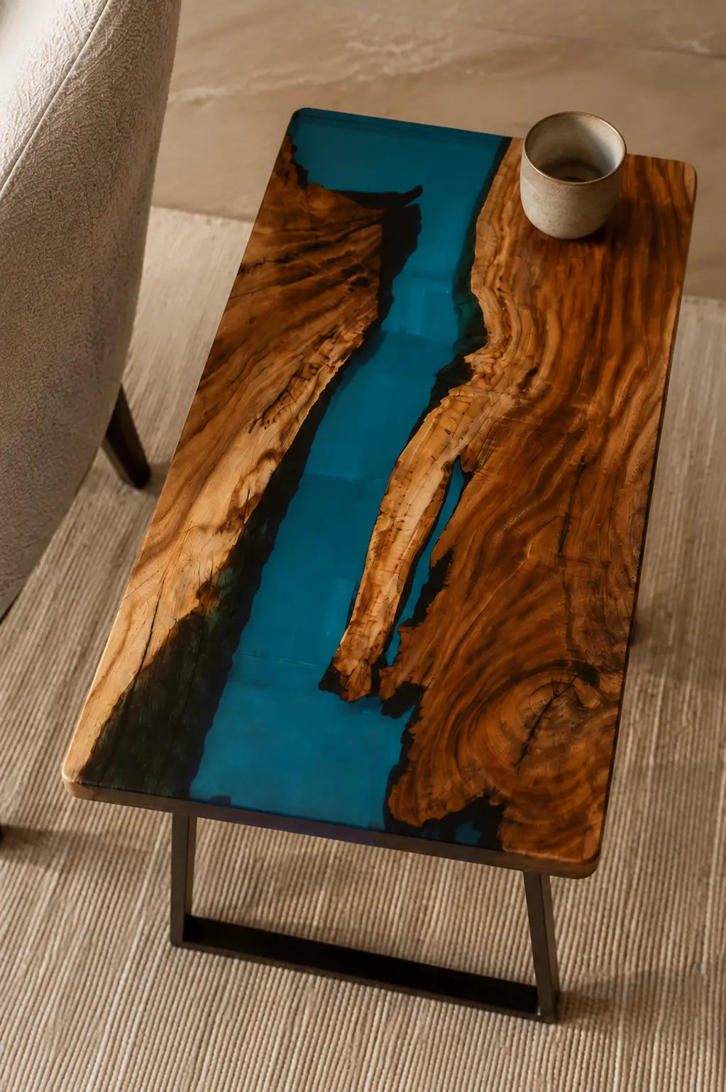 Teal Current Turquoise Blue Epoxy River Walnut Side & End Table SET20