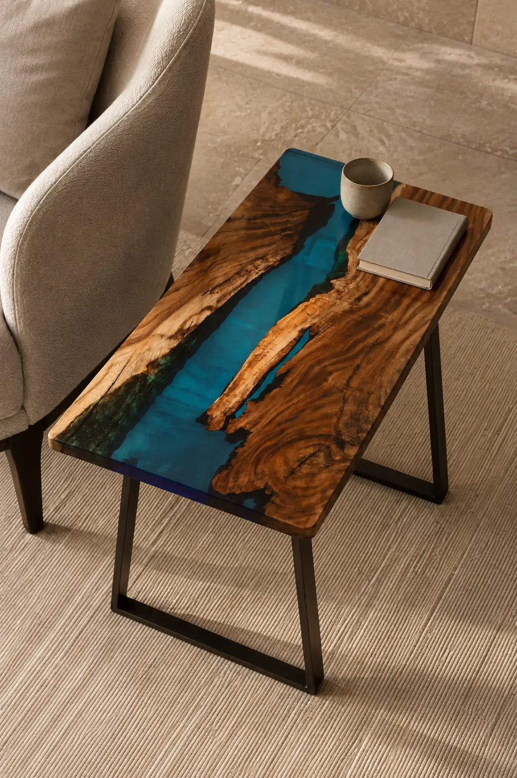 Teal Current Turquoise Blue Epoxy River Walnut Side & End Table SET20