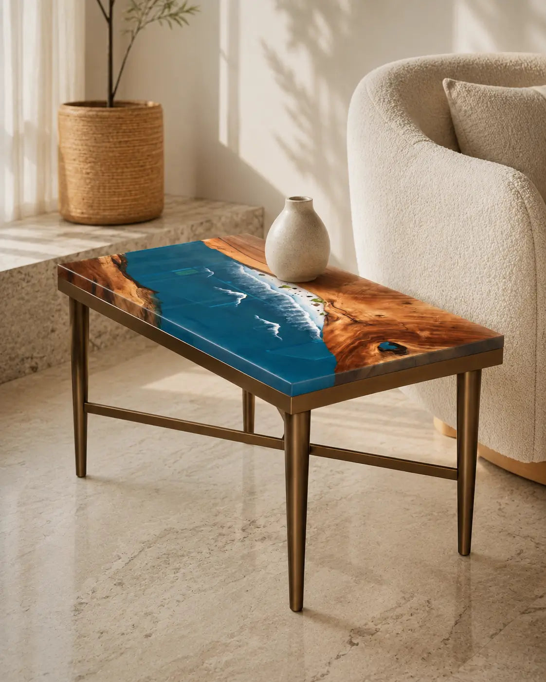Breaker Channel ocean blue with white surf epoxy river walnut side and end table SET21