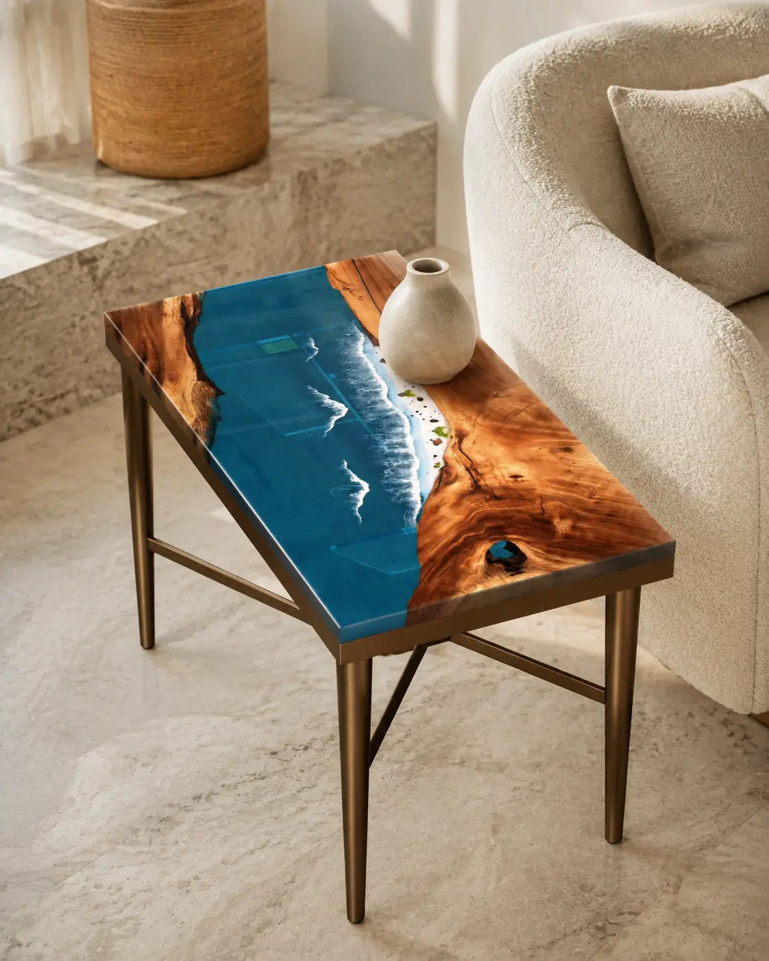 Breaker Channel Ocean Blue with White Surf Epoxy River Walnut Side & End Table SET21