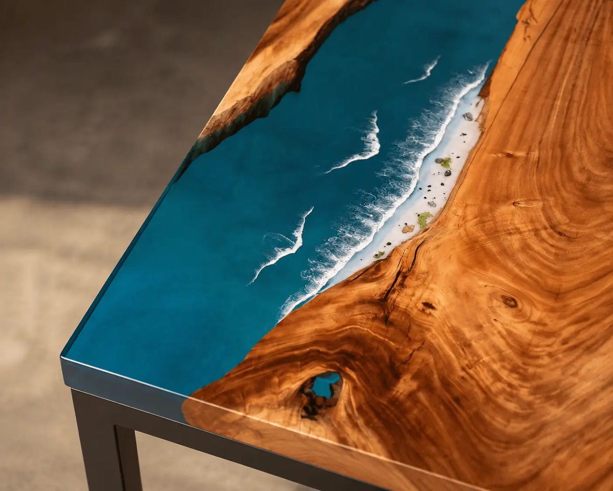 Breaker Channel Ocean Blue with White Surf Epoxy River Walnut Side & End Table SET21