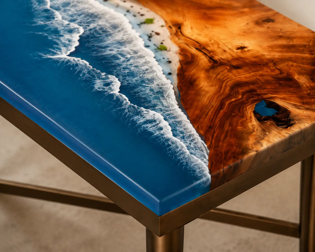 Breaker Channel Ocean Blue with White Surf Epoxy River Walnut Side & End Table SET21