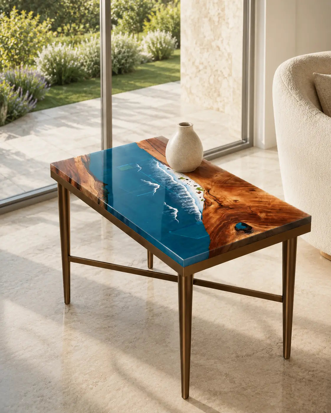 Breaker Channel Ocean Blue with White Surf Epoxy River Walnut Side & End Table SET21
