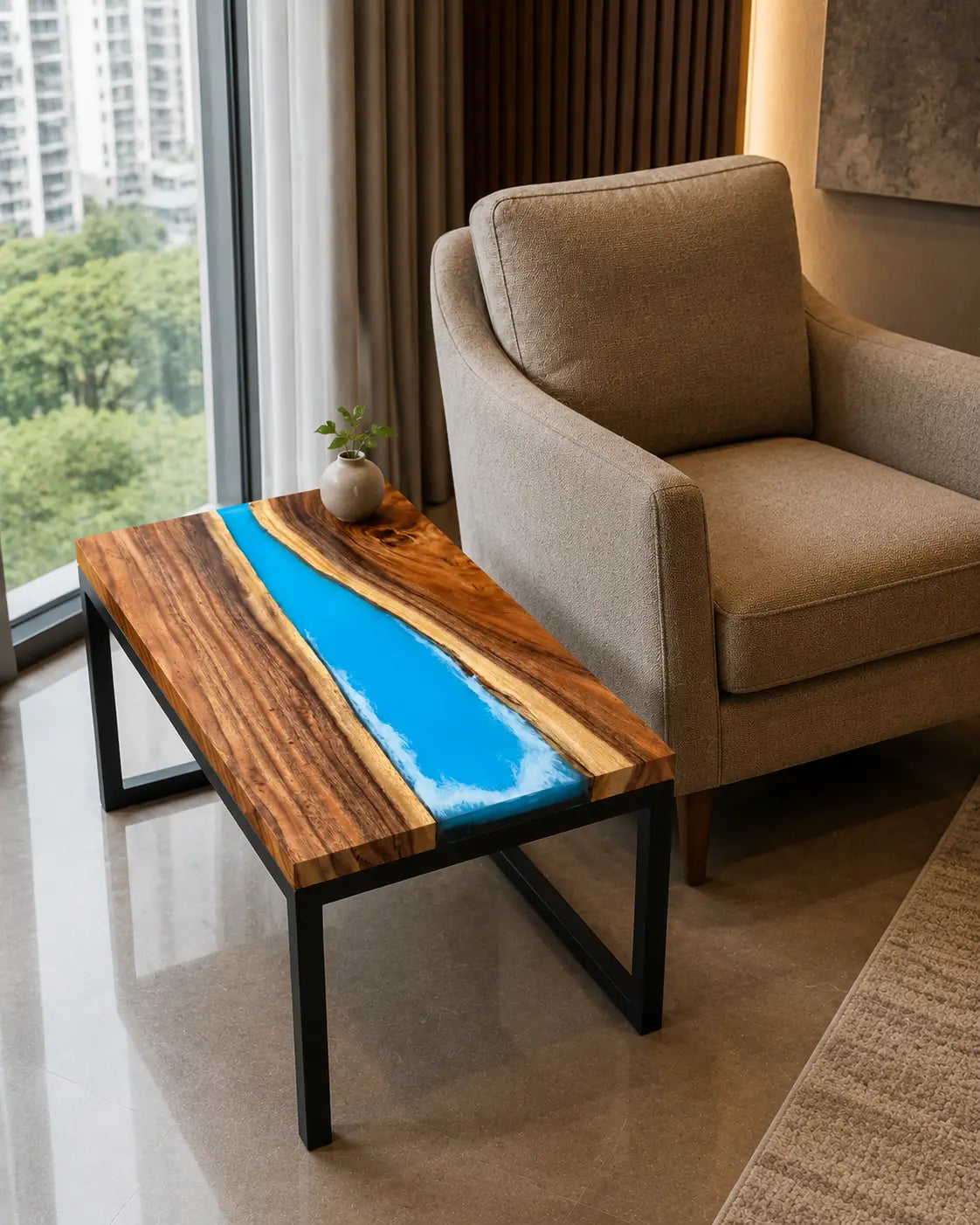 Skyline River ocean blue epoxy river walnut side and end table SET24