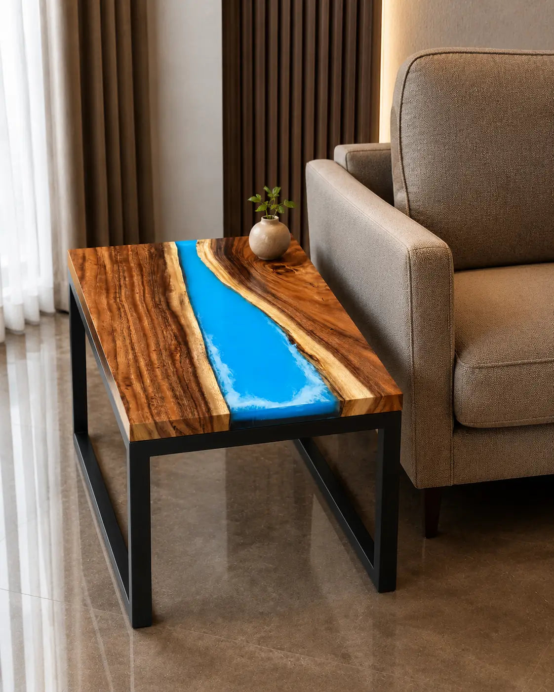 Skyline River Ocean Blue Epoxy River Walnut Side & End Table SET24
