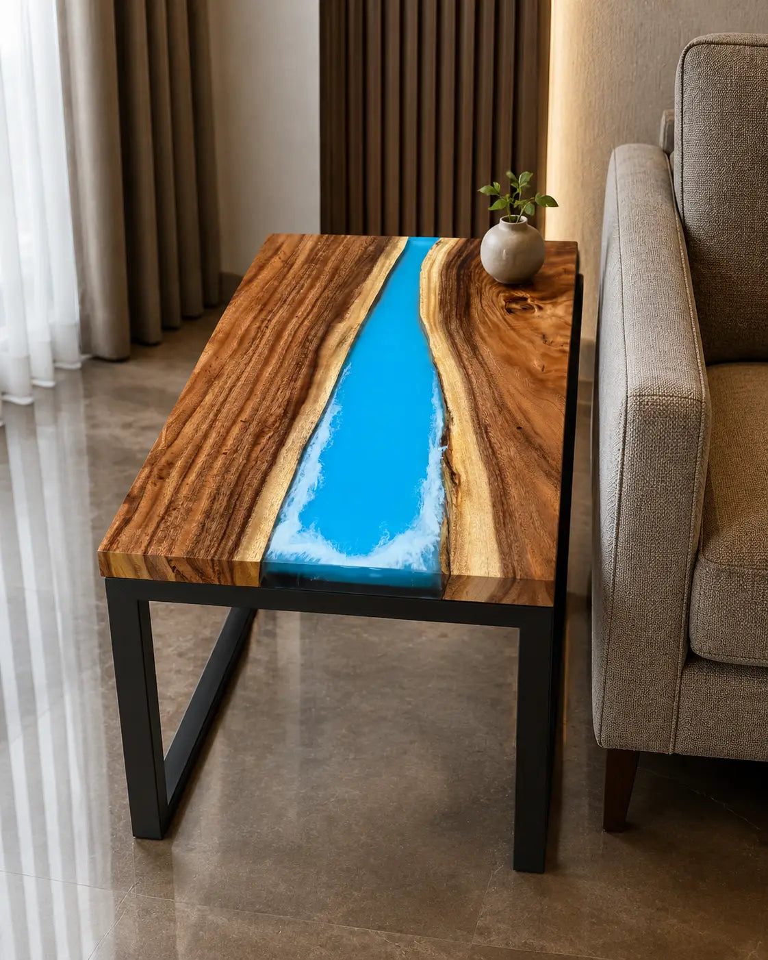 Skyline River Ocean Blue Epoxy River Walnut Side & End Table SET24