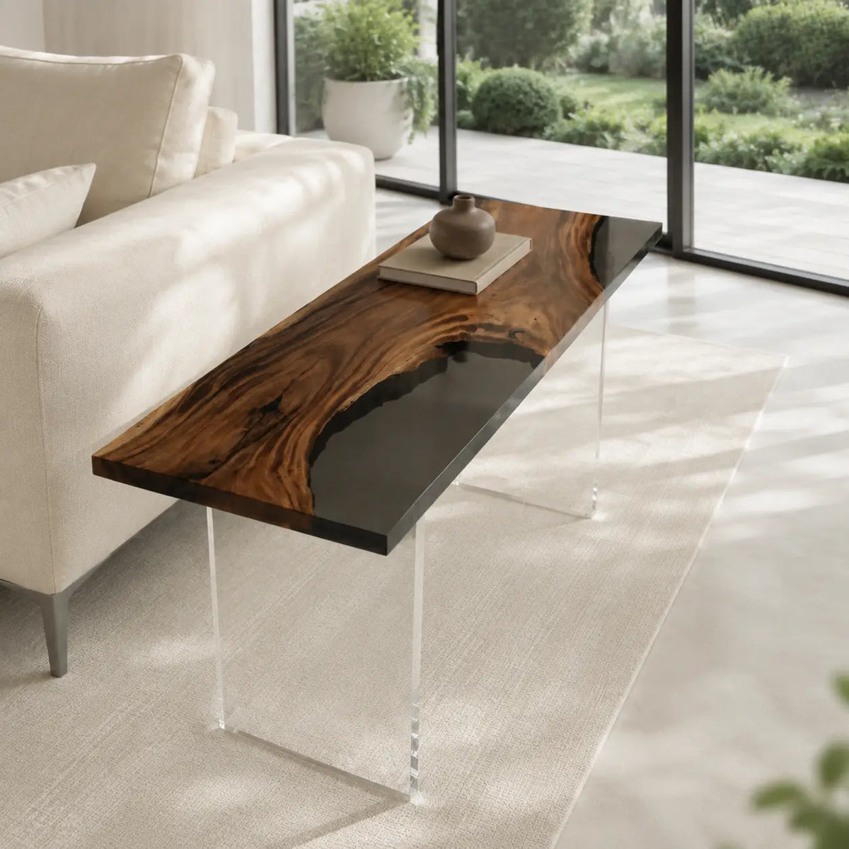 Night Crossing smoky black transparent epoxy river walnut side and end table SET29